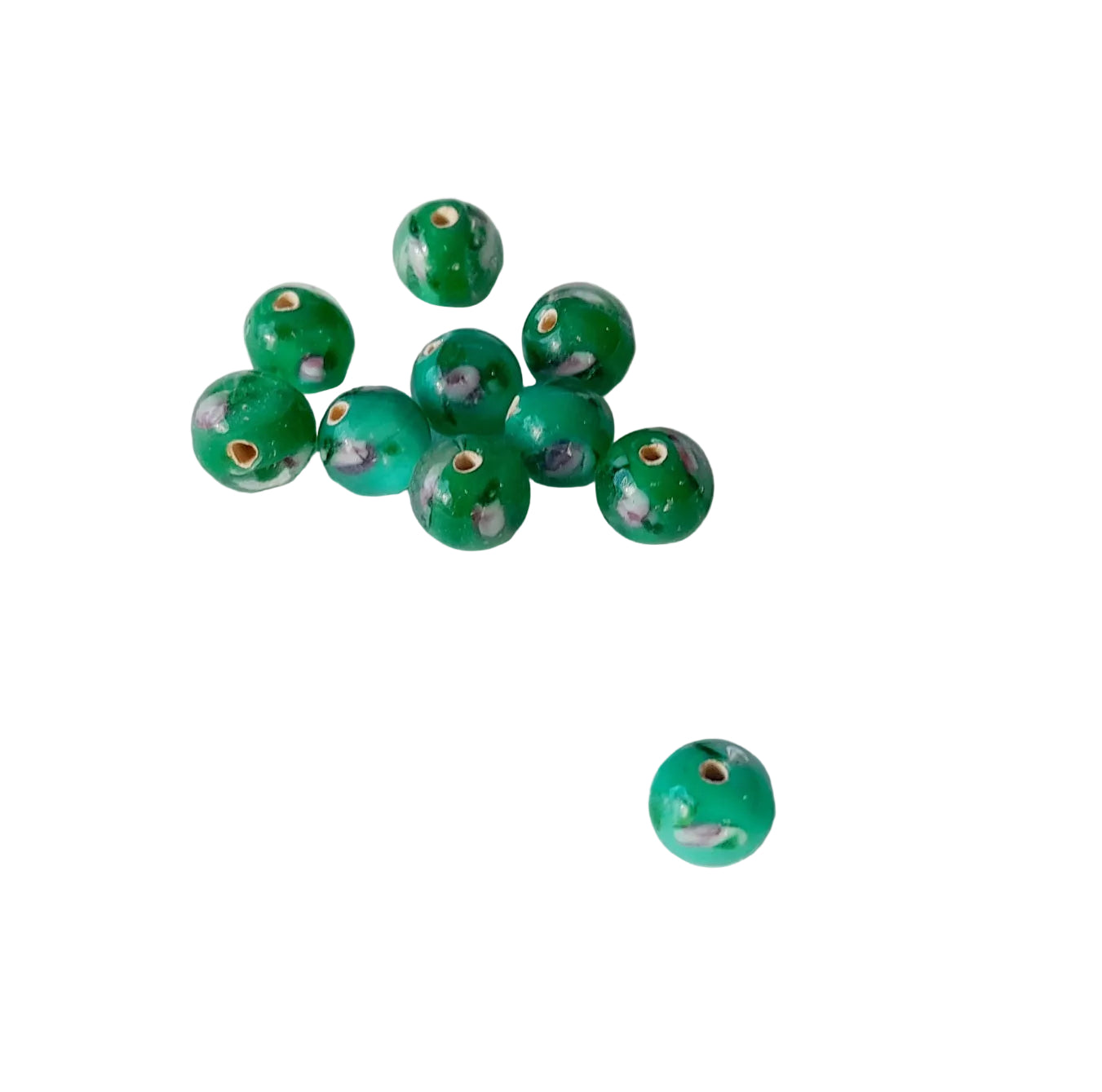 8mm round green glass beads with rose and a small center hole, 