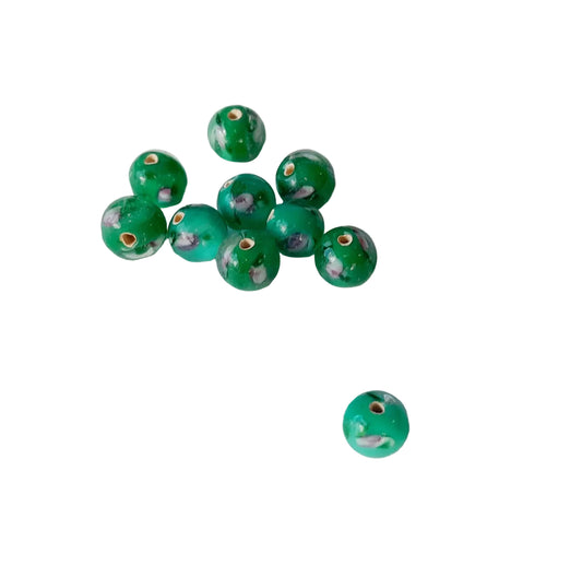 8mm round green glass beads with rose and a small center hole, 
