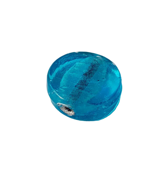 round translucent blue glass bead with a silver metal core hole, made in india