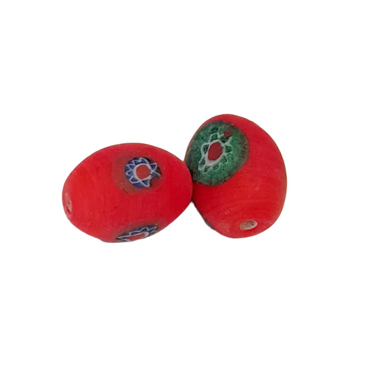  red oval indian glass beads with hand-painted floral details,