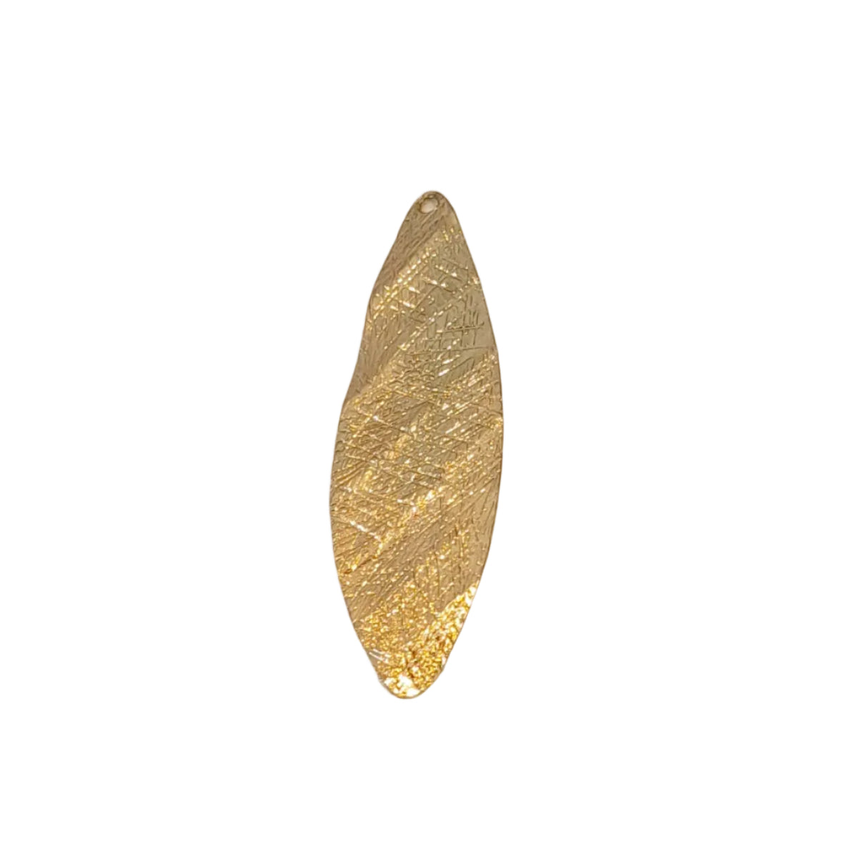 A textured gold leaf-shaped charm with a fine crackled metallic pattern, 