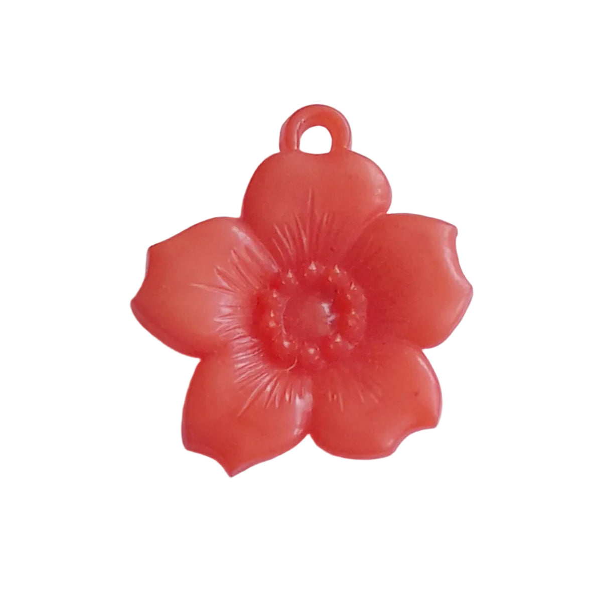 A translucent coral-red plastic flower-shaped pendant with a small hanging loop at the top,