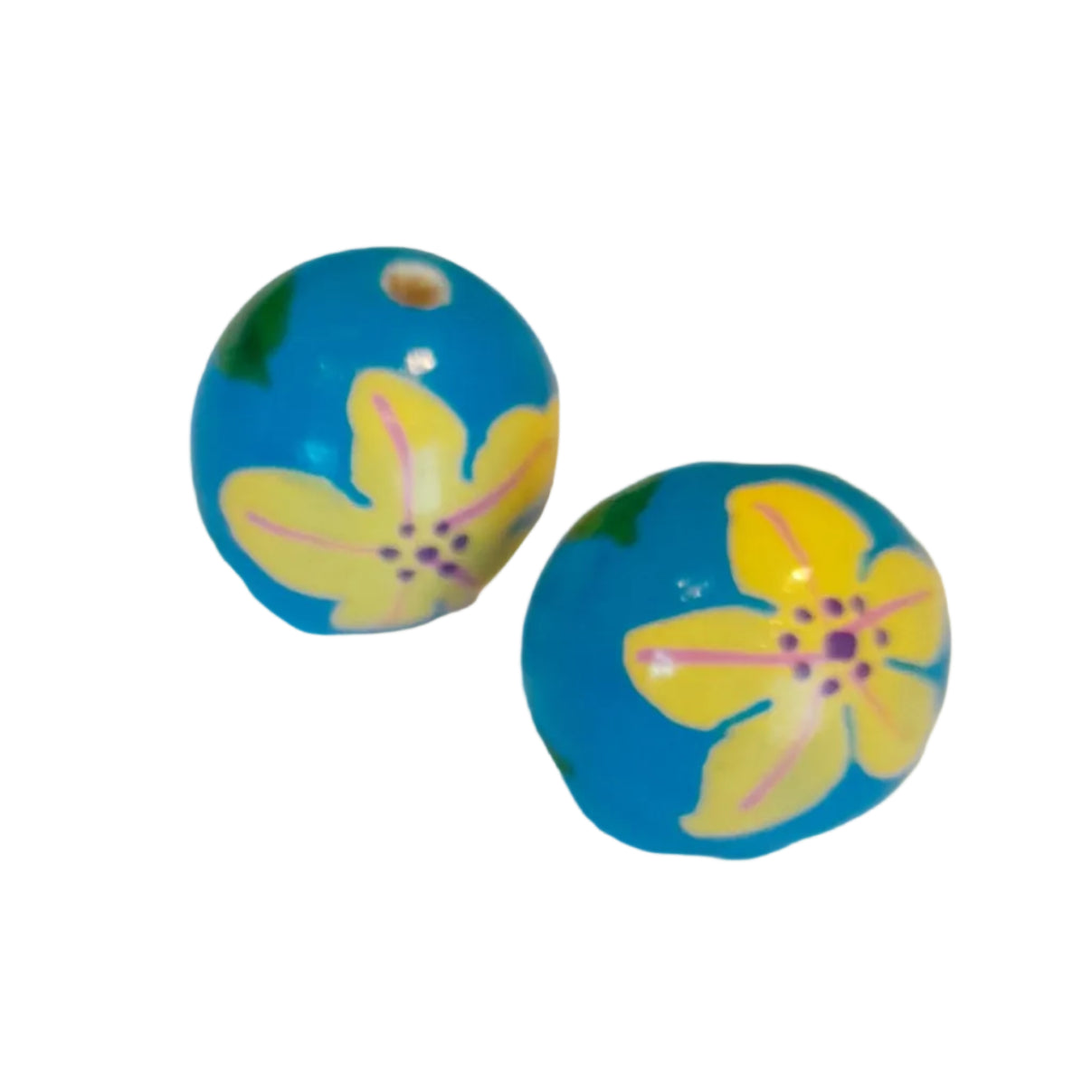 Two round blue wooden beads with yellow flower designs and purple centers, 