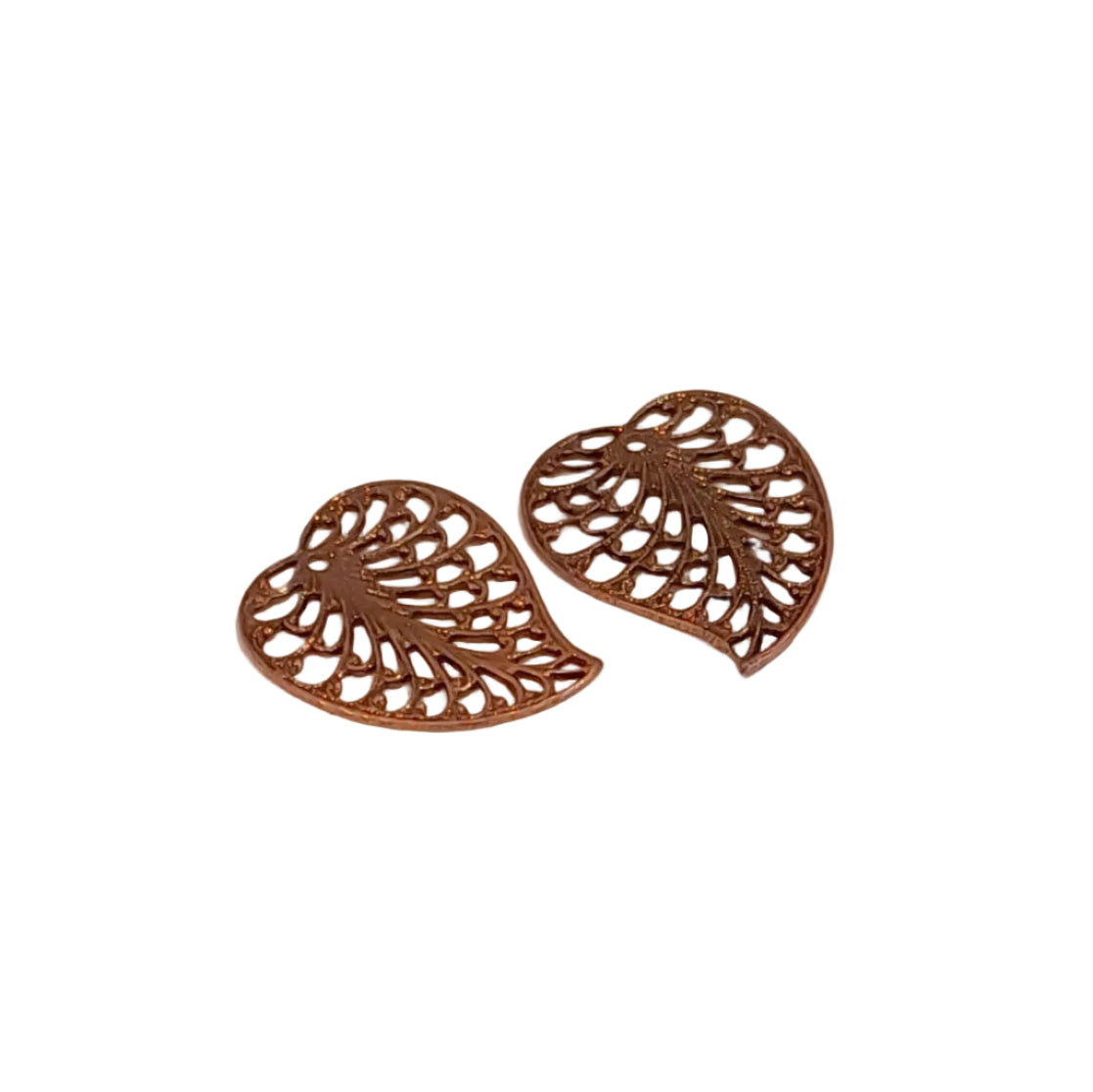 copper-colored heart-shaped paisley filigree metal charms with leaf-like cutout patterns, 