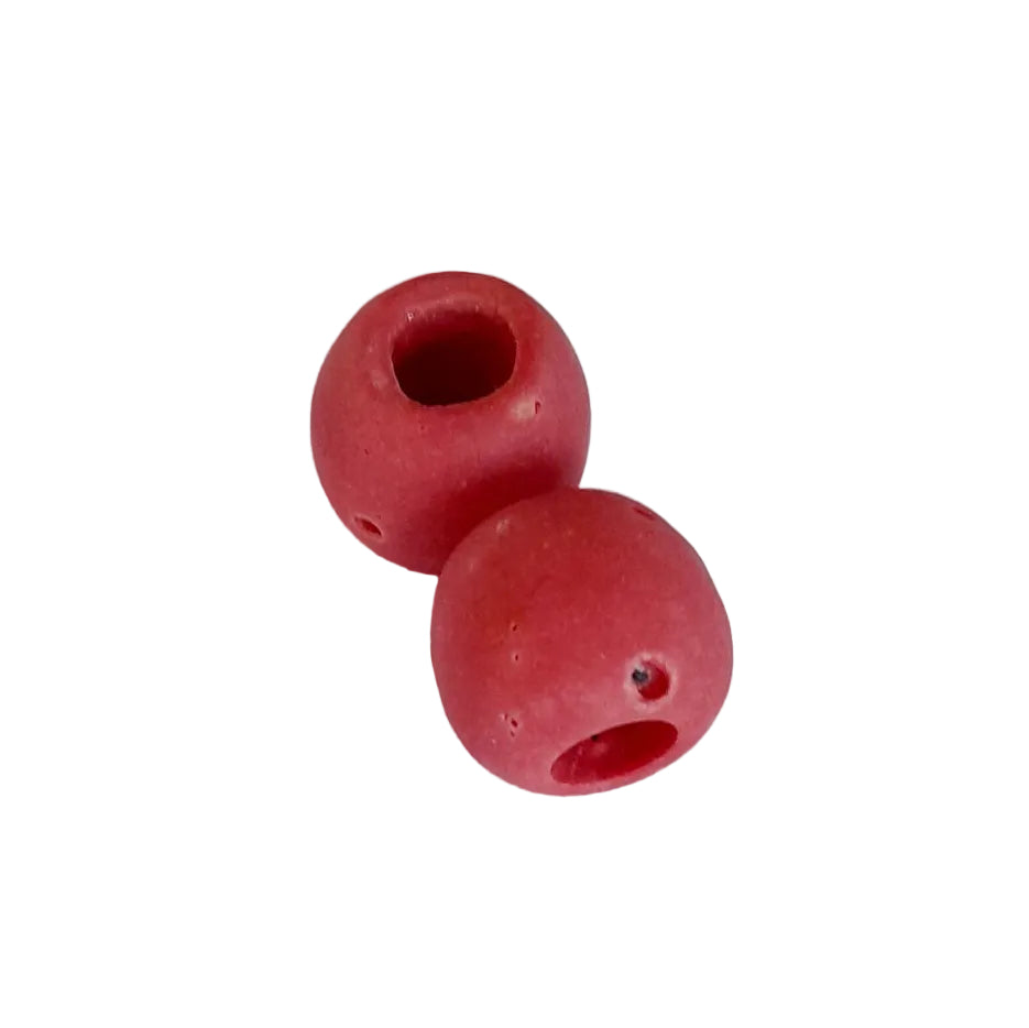 Two small red clay like glass beads with drilled holes, 