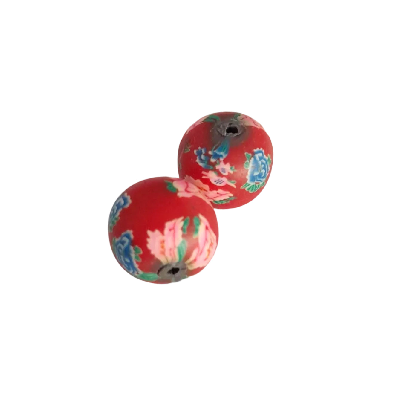 Two round red beads with colorful floral patterns and a central hole, baby blessing