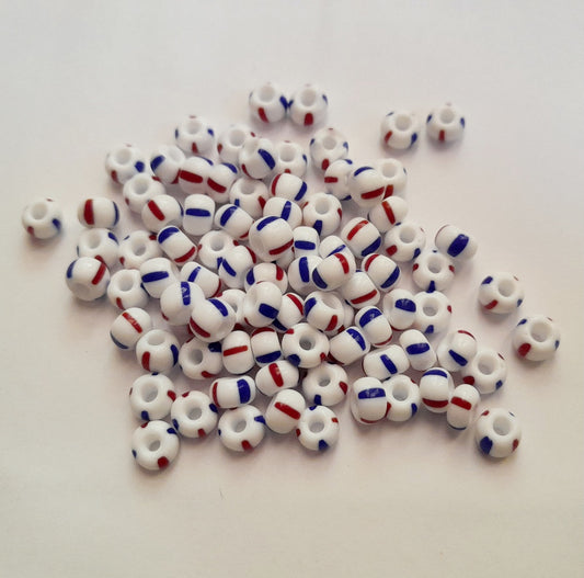 Czech Seed Beads 3 0 Stripe Royal Blue and Cherry Red on White | 5.5mm