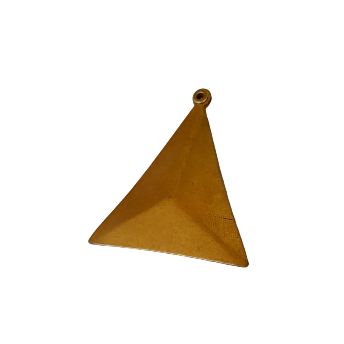 A triangular gold pendant with a small top loop, 