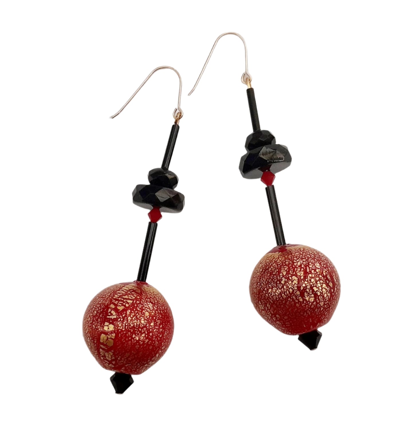 Handmade Venetian Blown Hollow Glass Red Large Drop Yellow Gold 9kt Earring