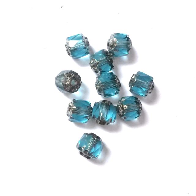 Cathedral Czech Glass Bead Barrel 6mm Aquamarine Silver Crown