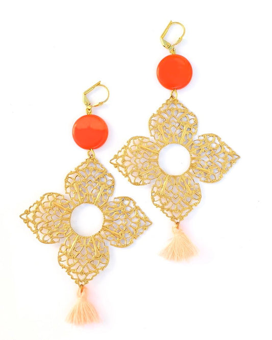 Santorini Brass Earrings Medina Filigree Tassel Coral