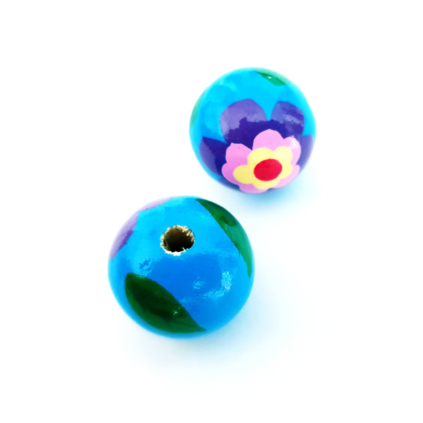 Wooden Painted Bead Floral Design 20mm Blue Purple