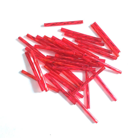 Bugle Bead Czech Glass Red Silverlined Twisted 25mm