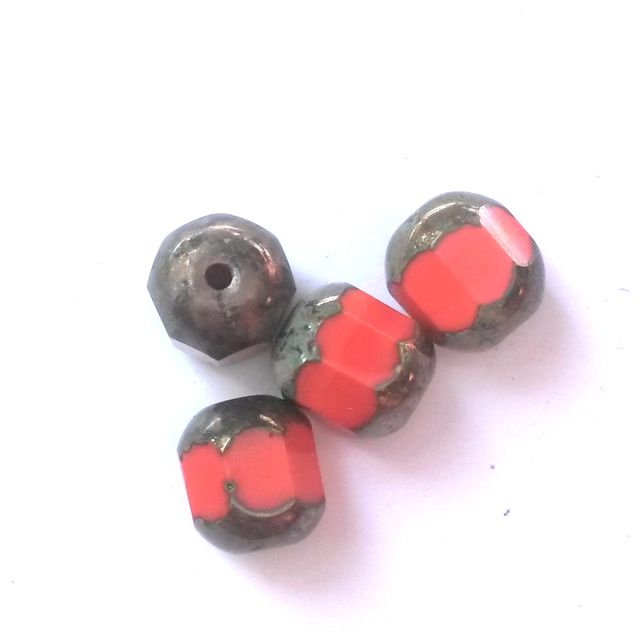 Cathedral Czech Glass Bead Barrel 10mm Coral Picasso Crown