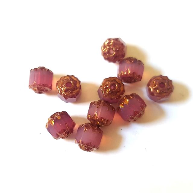 Cathedral Czech Glass Bead Barrel 6mm Pink Opalino Gold Crown