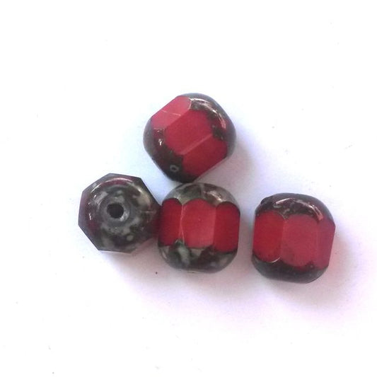 Cathedral Czech Glass Bead Barrel 10mm Red Opaque Picasso Crown