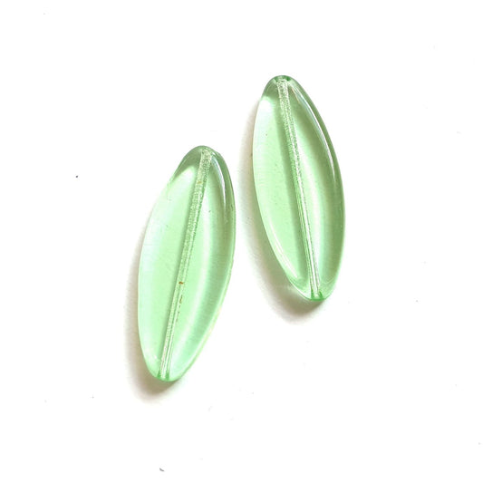 Green Petal Pointed Oval 30x11mm Transparent Mint Czech Glass Bead