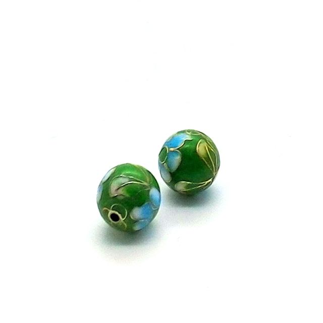 Cloisonne Metal Bead 12mm Round Green Floral