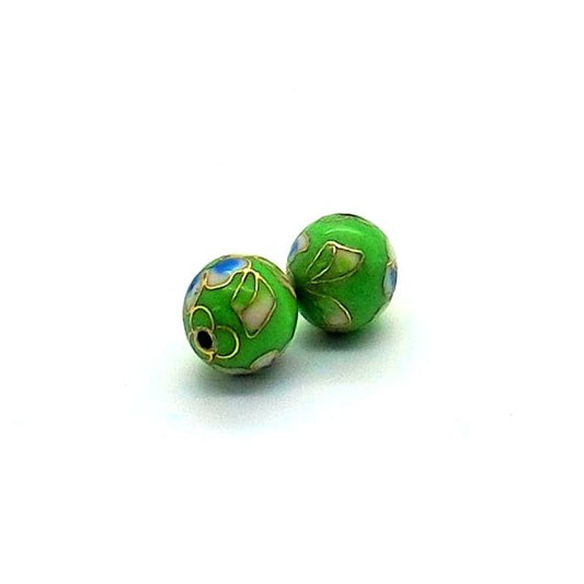 Cloisonne Metal Bead 12mm Round Lime Green Floral