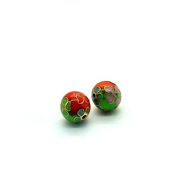 Cloisonne Metal Bead 12mm Round Red Floral