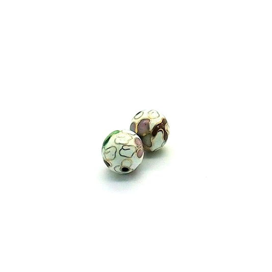 Cloisonne Metal Bead 12mm Round White Floral