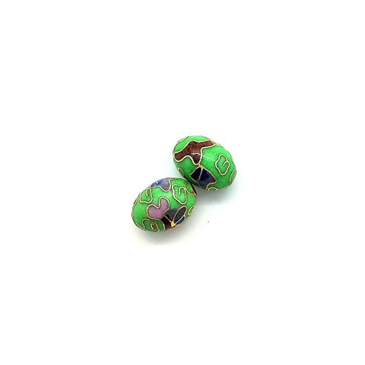 Cloisonne Metal Bead 15x10mm Oval Green Gold