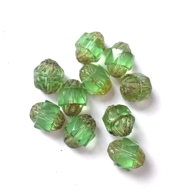 Cathedral Czech Glass Bead 10x8mm Lantern Mint Transparent Picasso Crown