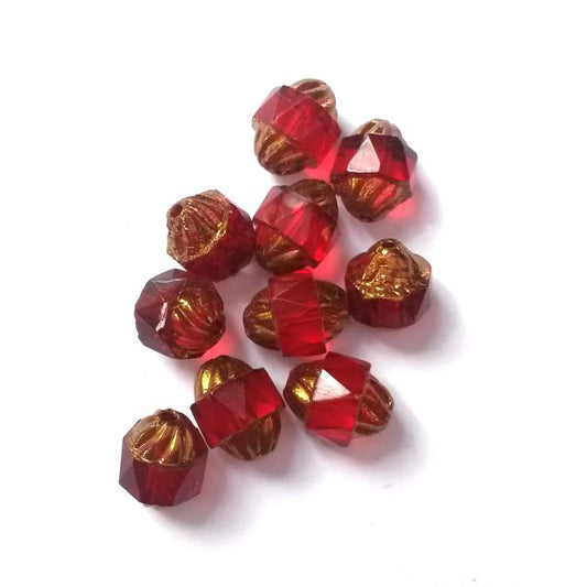 Cathedral Czech Glass Bead 10x8mm Lantern Red Transparent Gold Crown