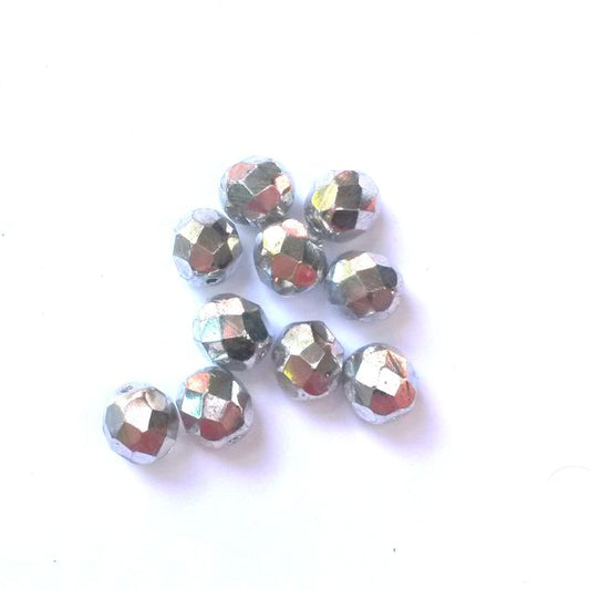 8mm Silver Coated Metallic Czech Fire Polished Glass Bead