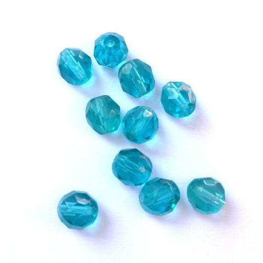 8mm Teal Transparent Czech Fire Polished Glass Bead