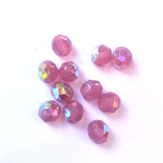 8mm Pink Opalino AB Czech Fire Polished Glass Bead