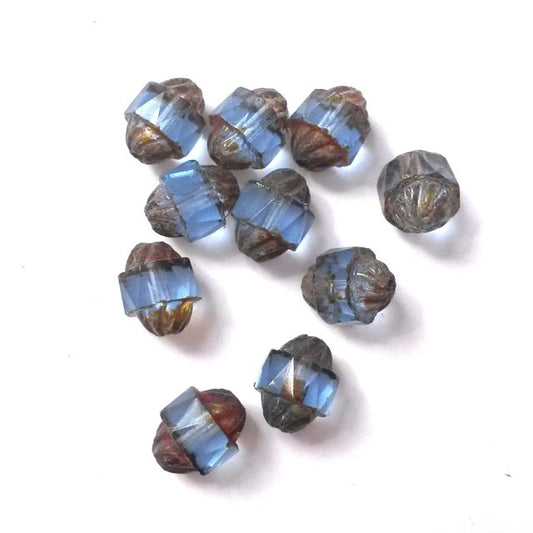 Cathedral Czech Glass Bead 10x8mm Lantern Sapphire Transparent Picasso Crown