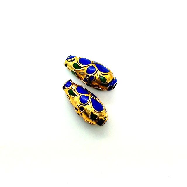 Two cloisonne metal beads with floral drop design, featuring cobalt jade and gold plating, on a white background.