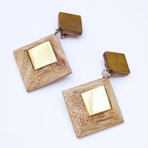 Clip On Earrings Double Diamond Wood Brass 1980s
