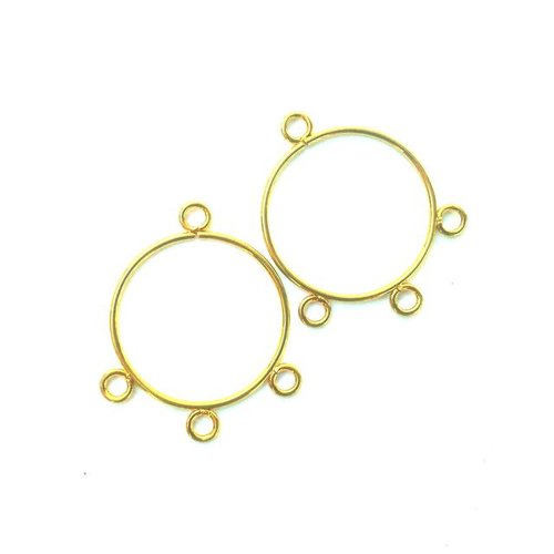 A pair of gold-plated round chandelier drop earrings with a visible hinge mechanism.