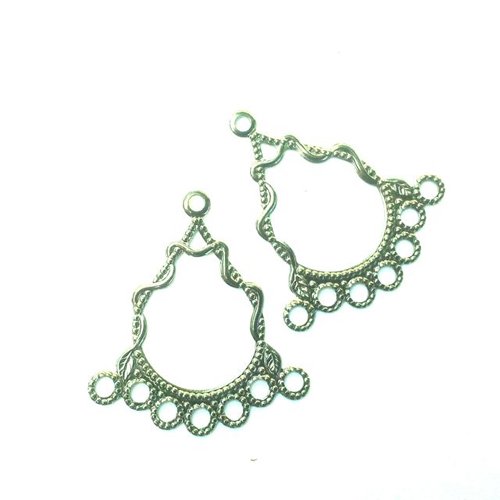 A pair of silver-plated chandelier style earrings with a triangular design and dangling loops.