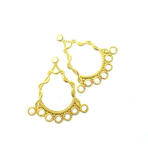 A pair of gold-plated chandelier style triangle drop earrings with a textured surface and small circular loops.