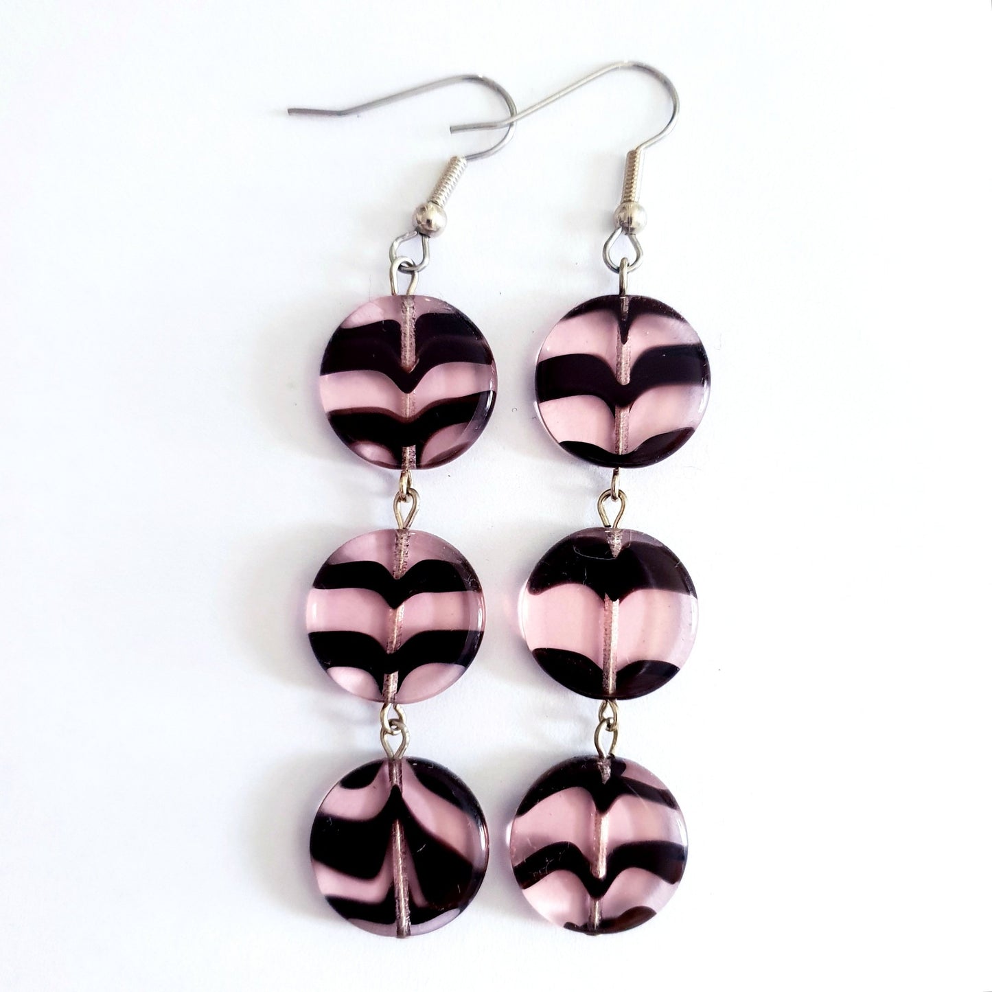 Czech Glass Animal Print Zebra and Surgical Steel Earrings Barely There Pink