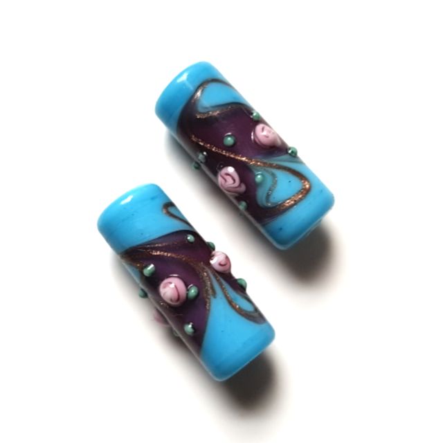 Handmade Venetian Glass Bead Tube Two Tone Roses 22x8mm Turquoise Burgundy