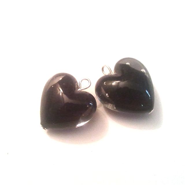 Novelty Pendant Charm Handmade Czech Opalino Glass Puffed Heart Black