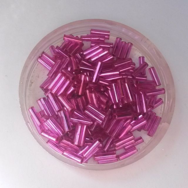 Bugle Bead Czech Glass Pink (dyed) Silver Lined 3' 6mm