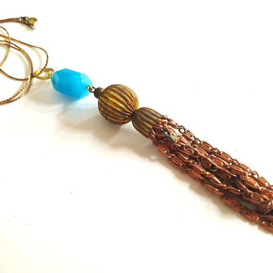 Boheme Gypsy Pendant Blue Stone Tassel on Delicate Chain