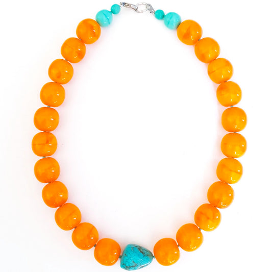 Chunky Glass Pumpkin Necklace with Turquoise Stone Accent