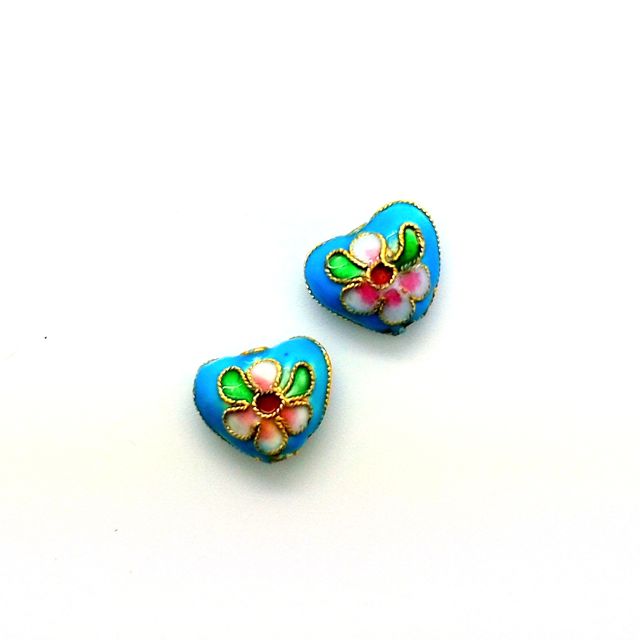 Cloisonne Metal Bead 10x14mm Heart Turquoise Gold