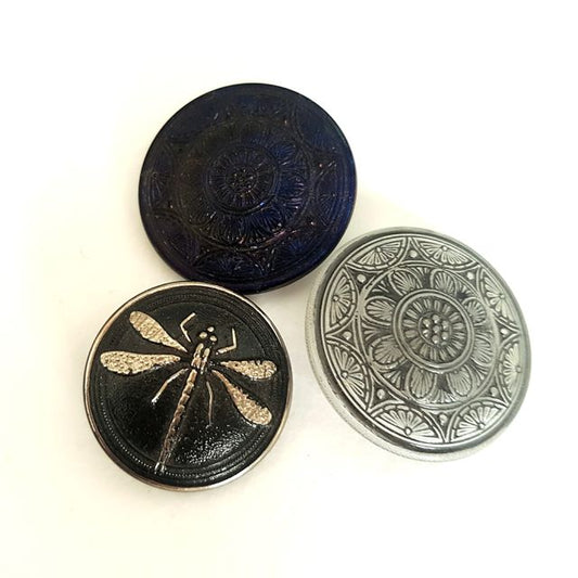 Czech Glass Button Deco Dragonfly Trio Purple Iris Black Silver