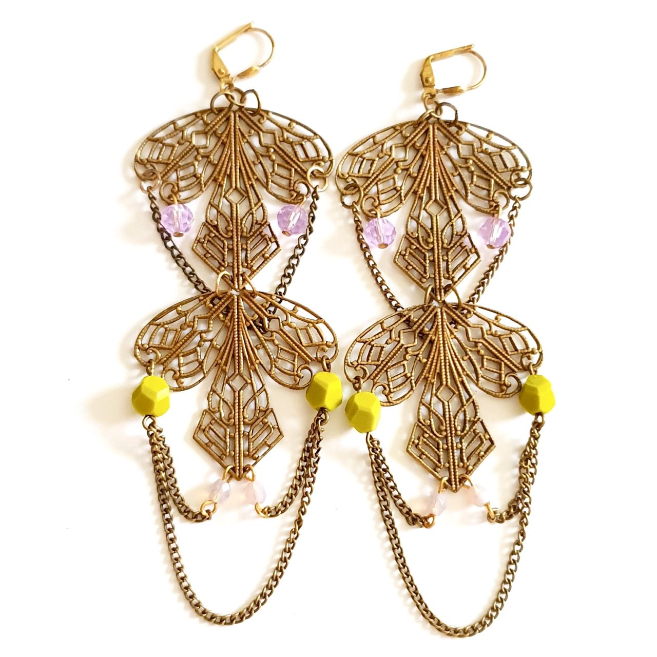 Femme Earrings Layered Filigree Chartruese and Lilac