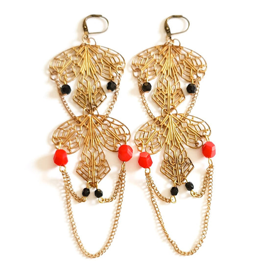 Femme Earrings Layered Filigree Red and Black