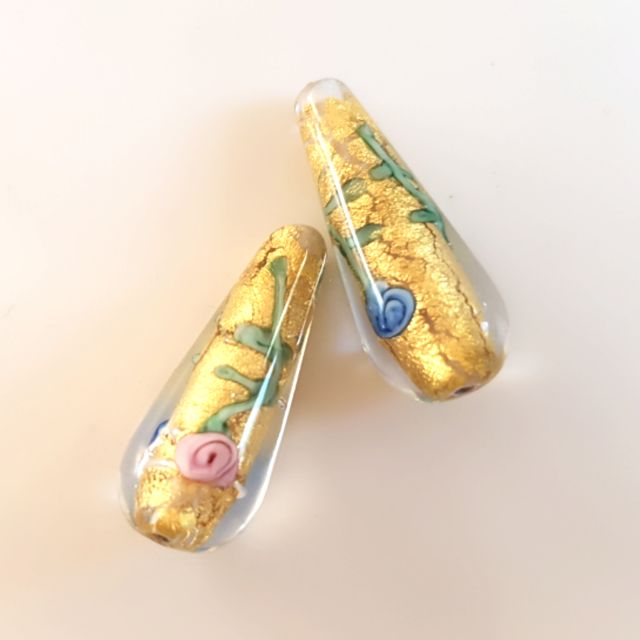 Handmade Glass Floral Gold Tear Drop Bead
