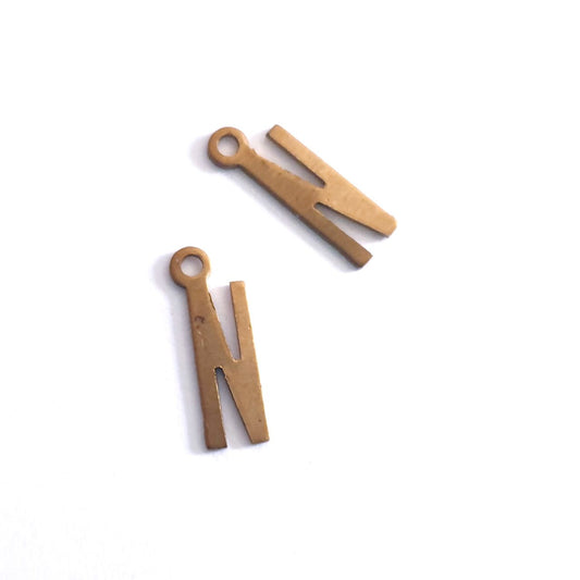 Initial N Delicate Raw Brass Charm Alphabet Letter 15mm