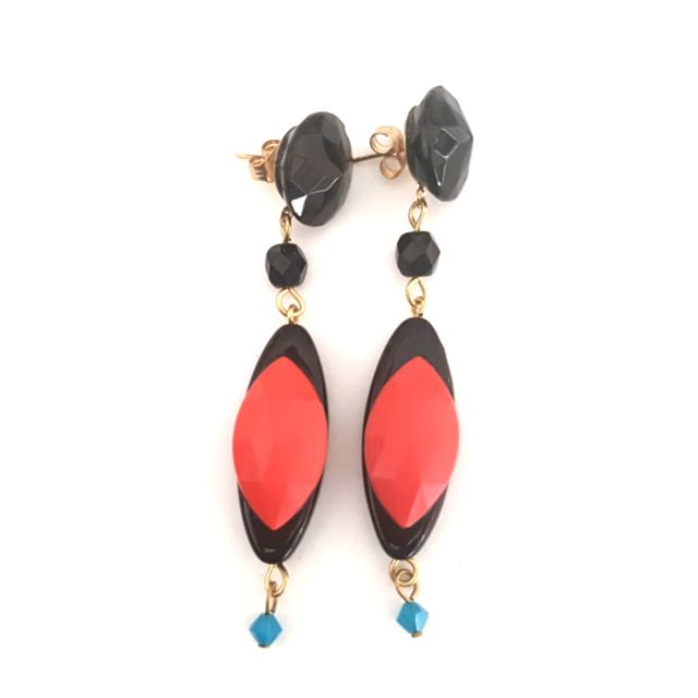 Santorini Beaded Stud Earring Drops Embellished Petal Coral and Black